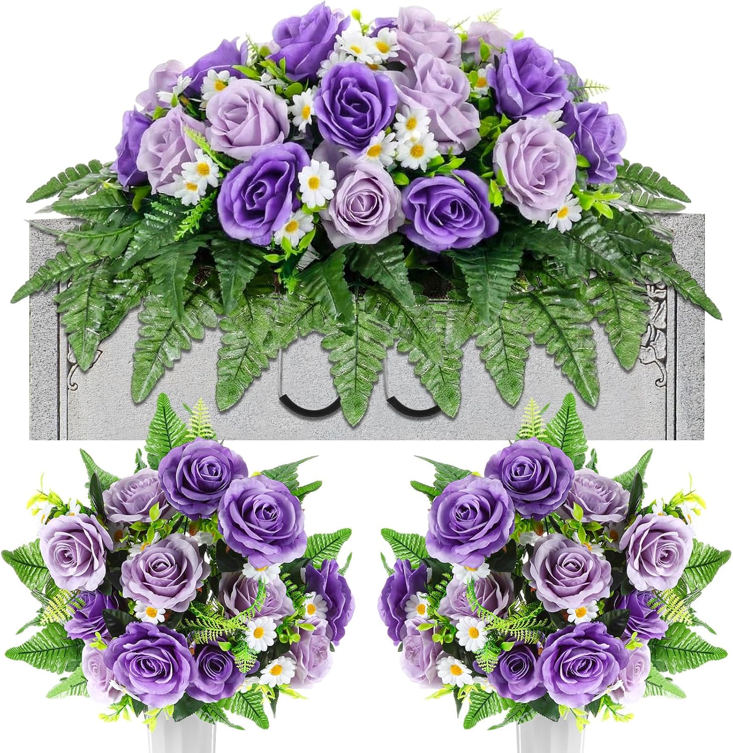3 Pcs Father's Day Headstone Flower Saddle Cemetery Flowers for Grave Purple Rose Daisy Artificial Memorial Floral