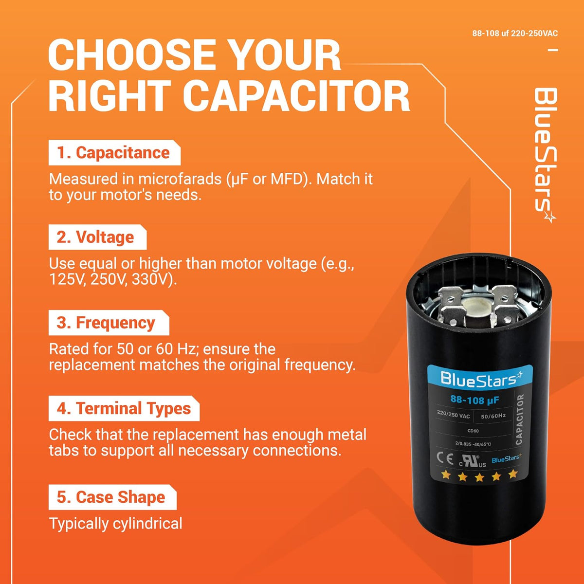[2025 Upgraded] BlueStars 88-108 uF MFD 220-250VAC Motor Start Capacitor