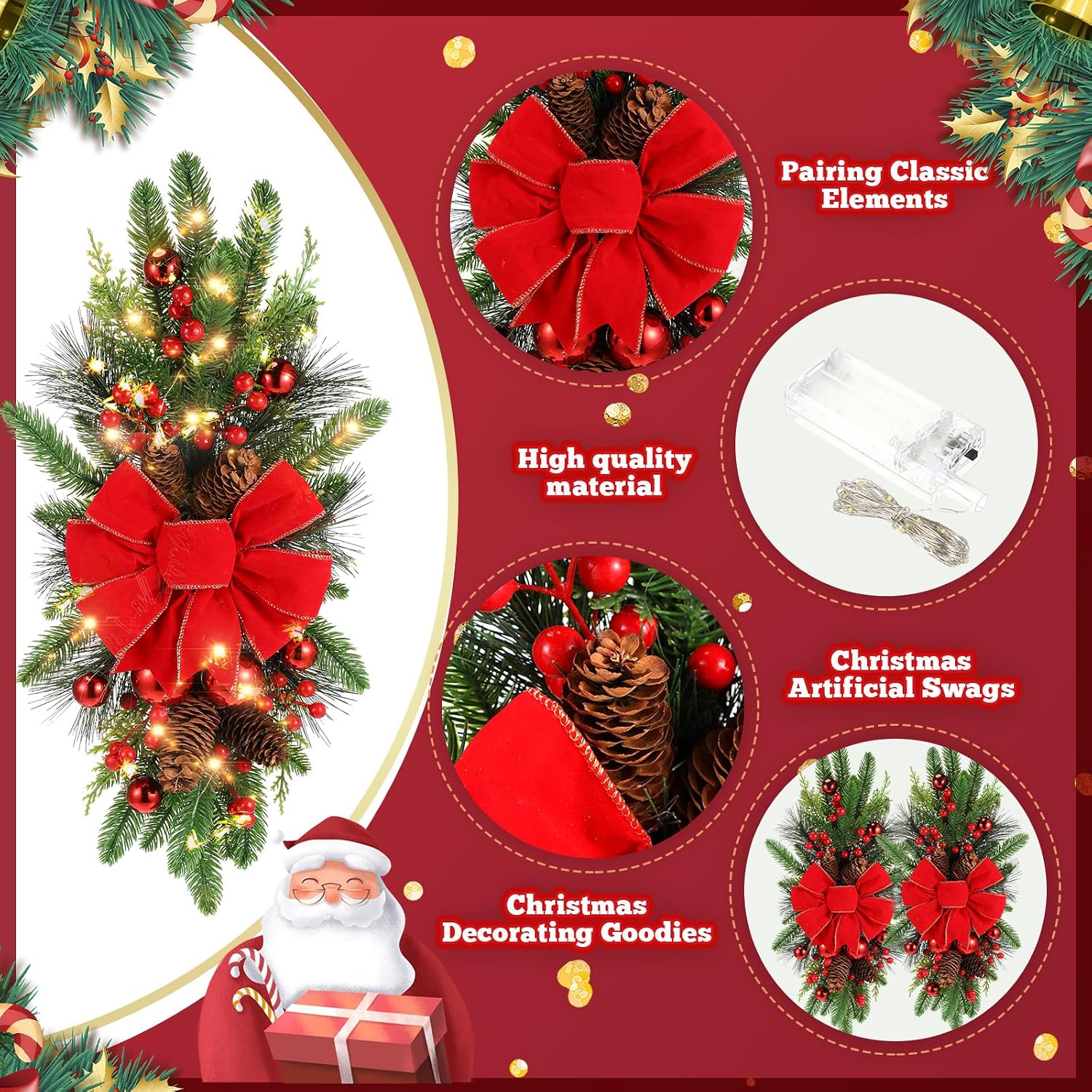 2 Pack Christmas Artificial Swags 24" Xmas The Cordless Prelit Stairway Swag Teardrop Trim Wreath Door Stair Garland