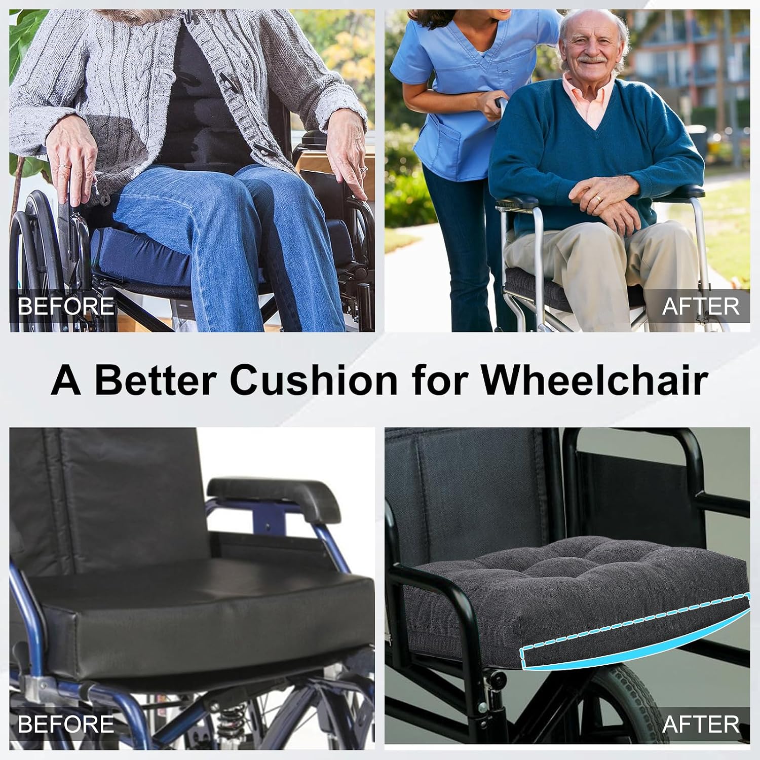 18x16 Memory Foam Wheel Chair Cushions for Seniors, Dual-Layer Anti-Sagging Patent Design with Curved Bottom for