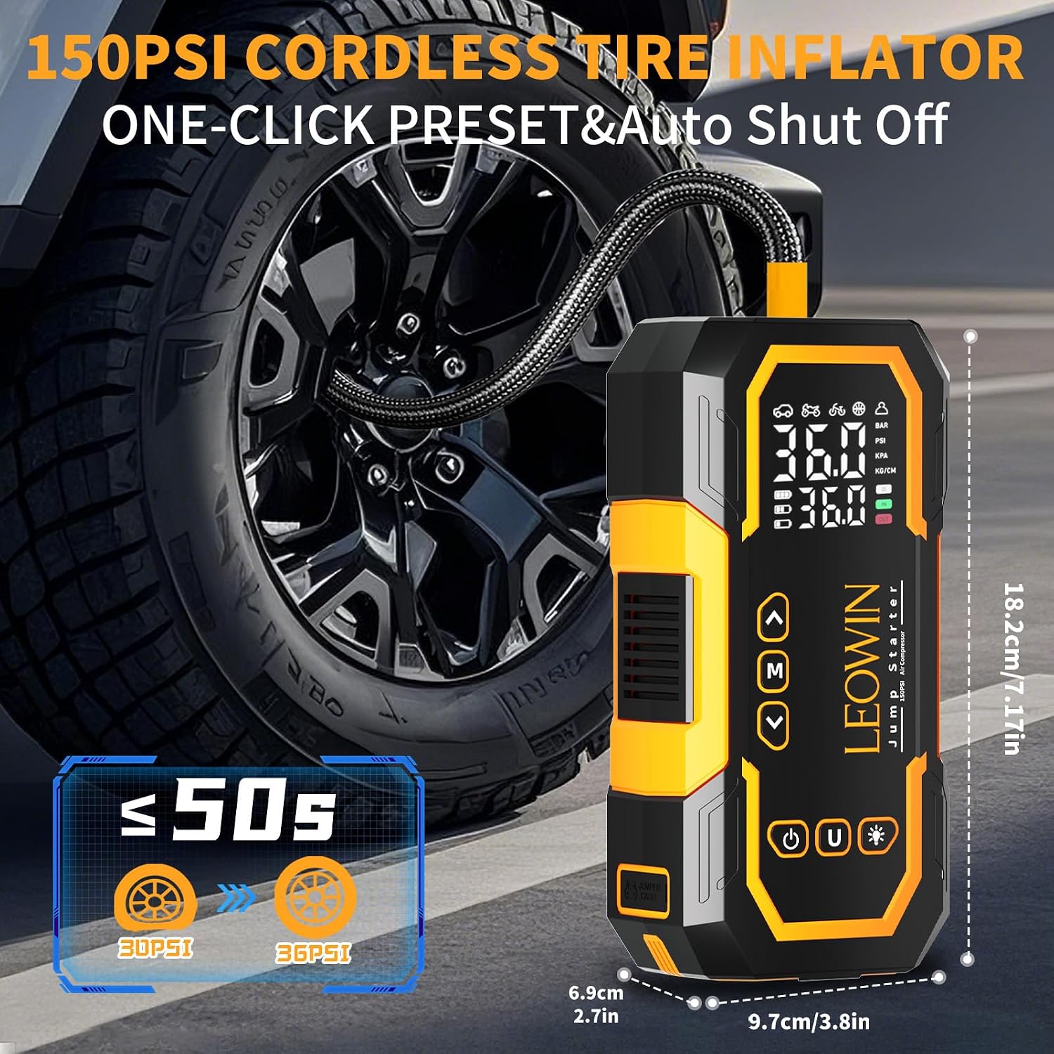 Jump Starter with Air Compressor, Battery Jumper Starter Portable(9.0 Gas/6.5L Diesel) with Tire Inflator, 12V Car