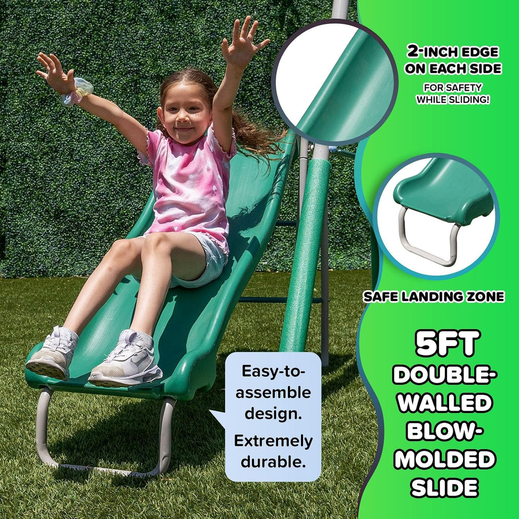 Northridge Metal Swing Set, 500 lb Capacity, 32" Saucer, 2 Blow-Molded Swings & 5ft Slide, Durable 6ft Frame, Outdoor