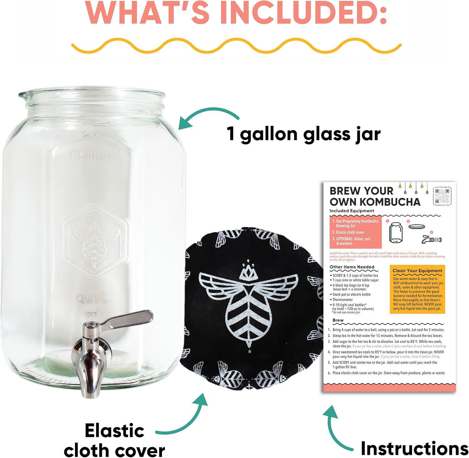 Kombucha Jar with Dispensing Valve - For Kombucha Fermentation - Includes Custom Cloth Cover- Proprietary Design