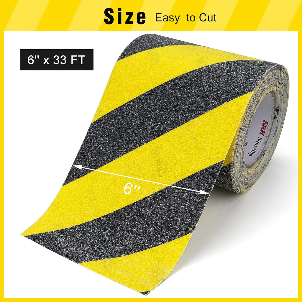 Anti Slip Tape 6in x 33ft Grip Tape for Stairs & Ramps, Black/Yellow | Heavy Duty Waterproof 60-Grit Non Skid Tread