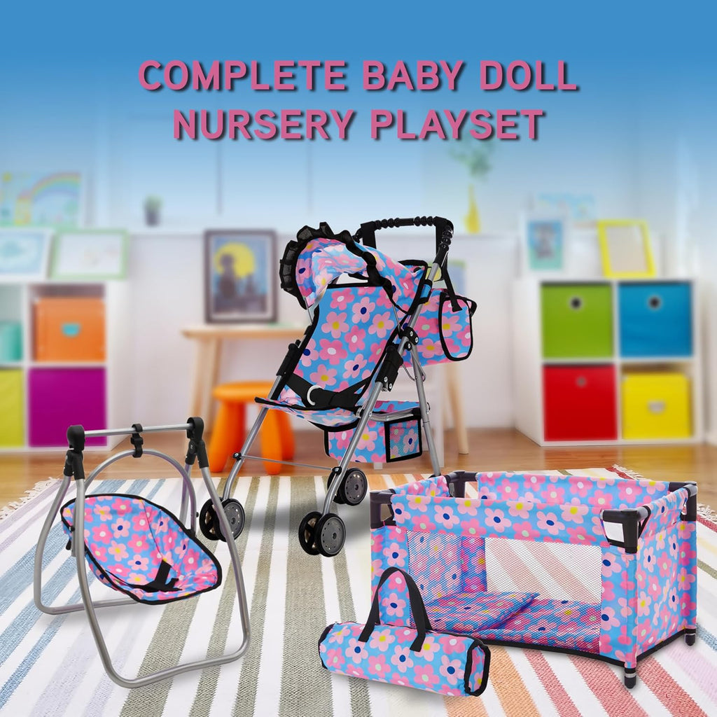 Baby Doll Stroller Bed and Swing Nursery Playset, Baby Doll Accessories Furniture Set Convertible High Chair Diaper