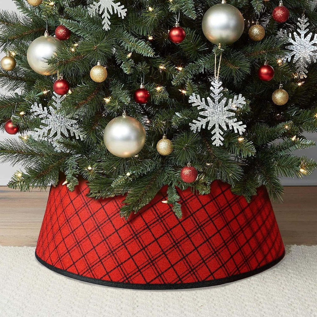 Christmas Tree Collar 25 Inch, Plaid Tree Skirt, Country Rustic Holiday Indoor Decorations, Red & Black（1PS）