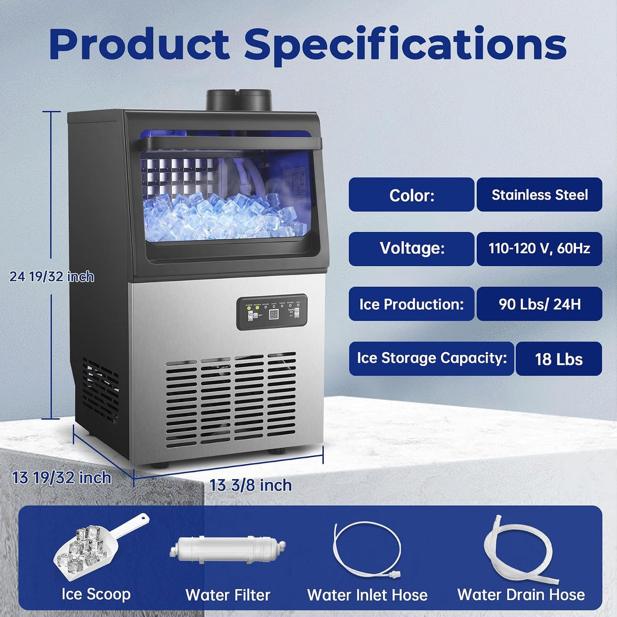 Commercial Ice Maker, 90 Lbs/24H Ice Maker Machine, Tap/Bottled Water Inlet