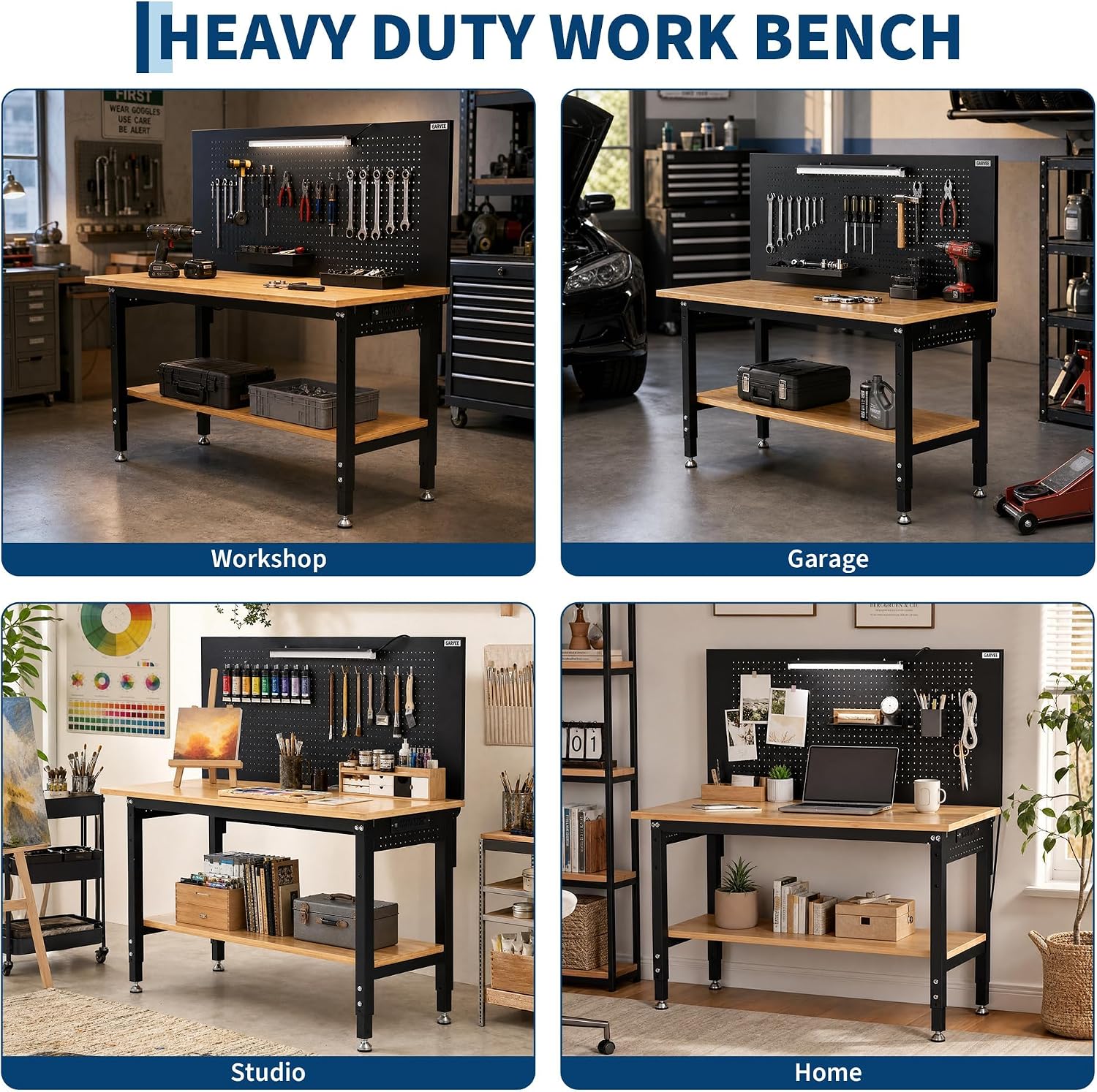 Adjustable Height Heavy-Duty Workbench with Pegboard, 60 x 22 in Work Table for Garage & Workshop - Storage Shelf