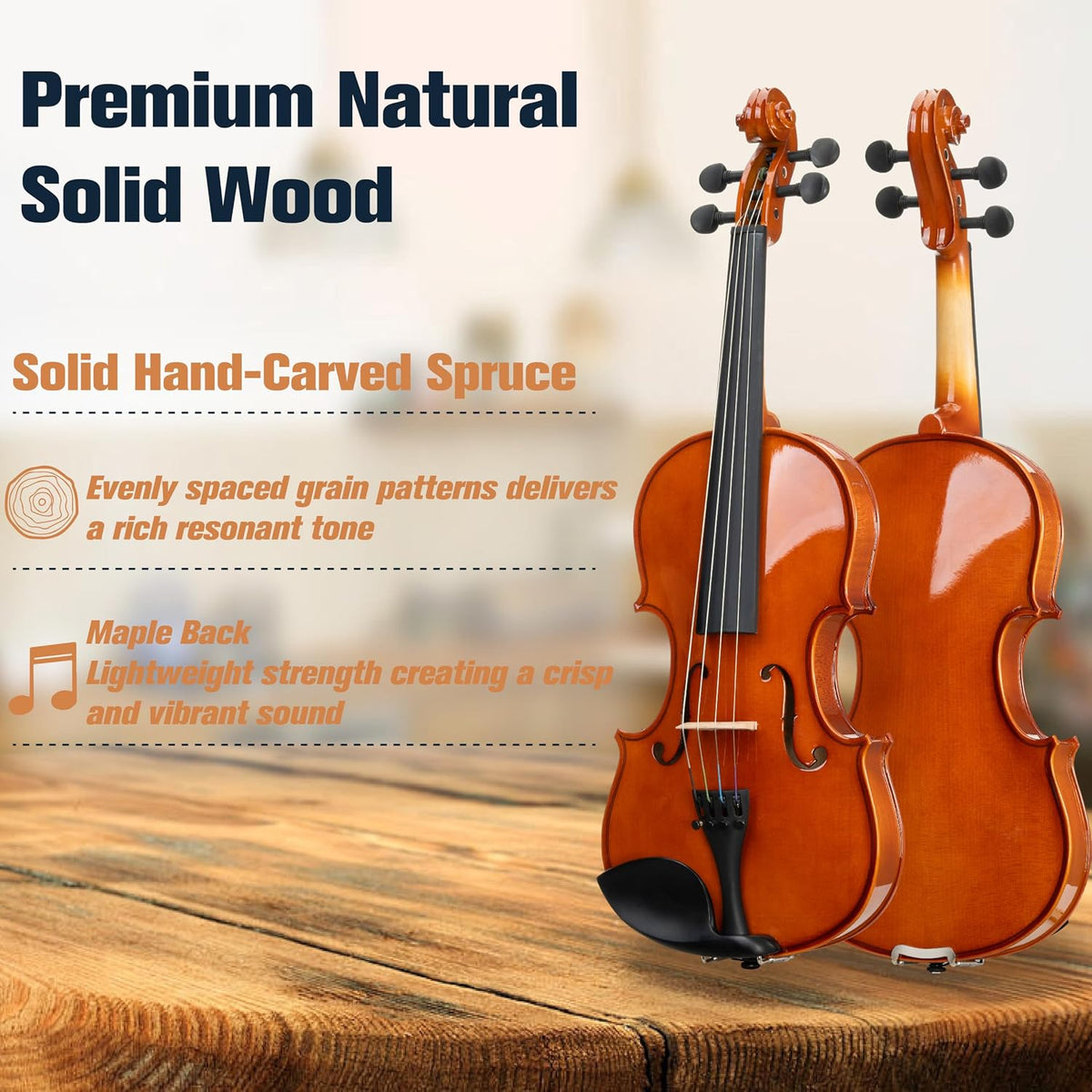16 Inch Solid Wood Viola Set, Natural Varnish | Hand Carved Viola Kit for Beginners, with Hard Case, Bow, Rosin