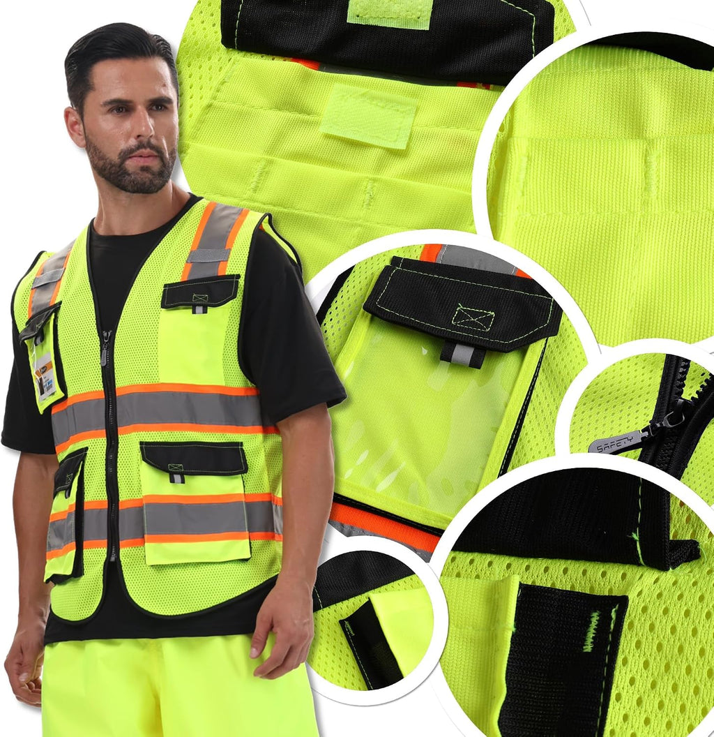 Safety Vest for Men Women Hi Vis Reflective Vest JK220 Yellow M | ANSI Class 2, 5 utility Pockets 4 Reflective Strips