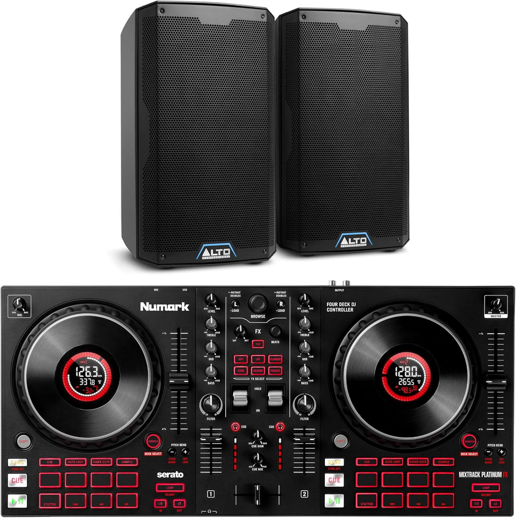 Mixtrack Platinum FX DJ Controller and ALTO TS408 Powered PA Speakers Pair for Live Music, DJ sets, Events, Music
