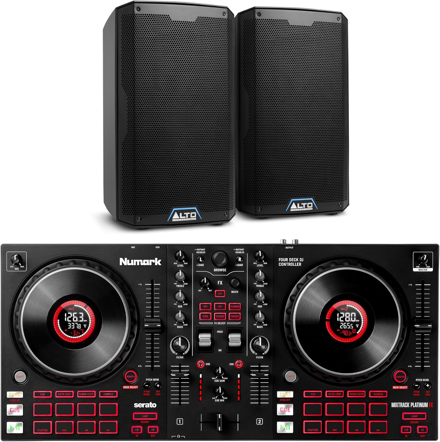 Mixtrack Platinum FX DJ Controller and ALTO TS408 Powered PA Speakers Pair for Live Music, DJ sets, Events, Music