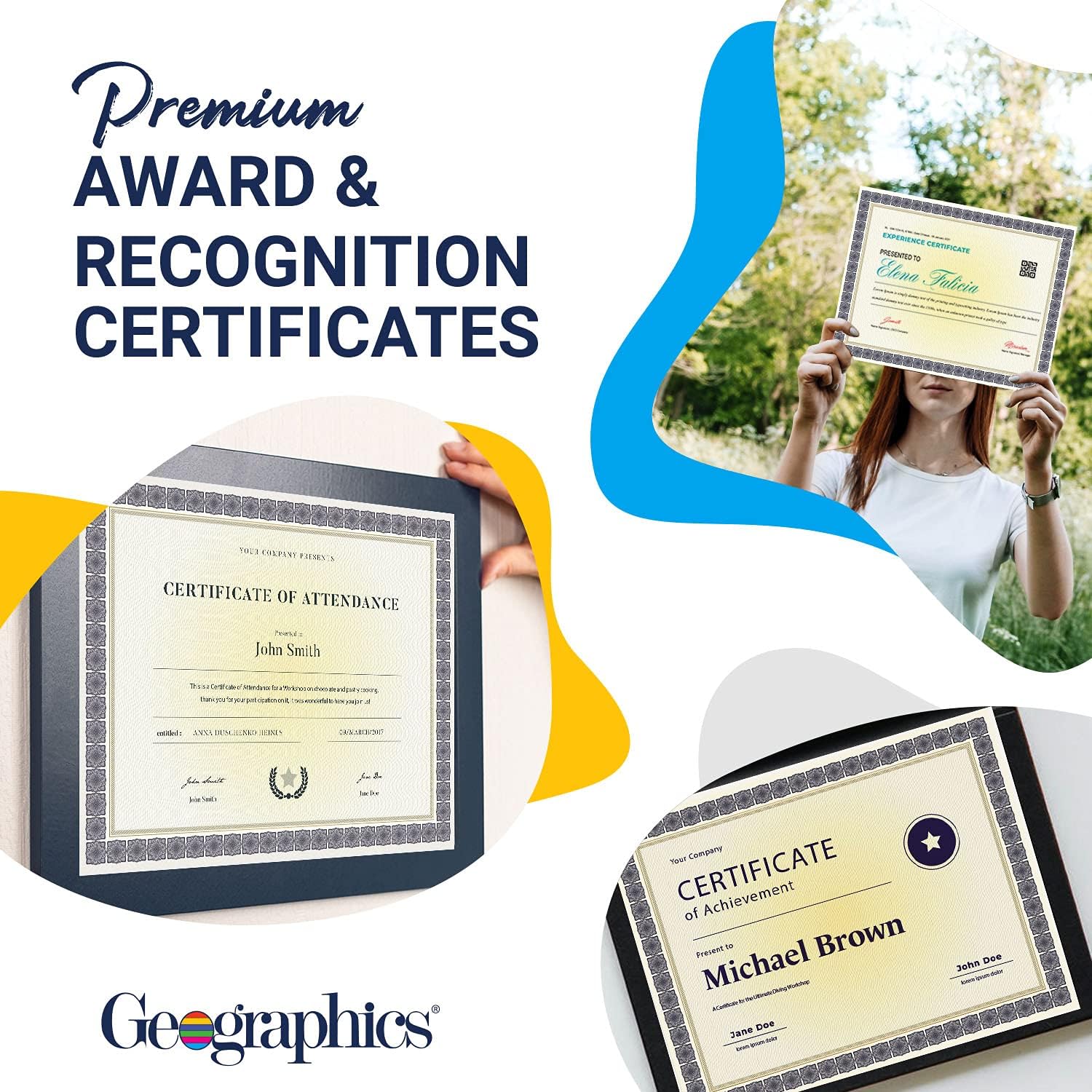 Blank Award Certificate Paper, 8.5 x 11", Premium Gold Foil & Kensington Blue Border Design (Pack of 15) | blank
