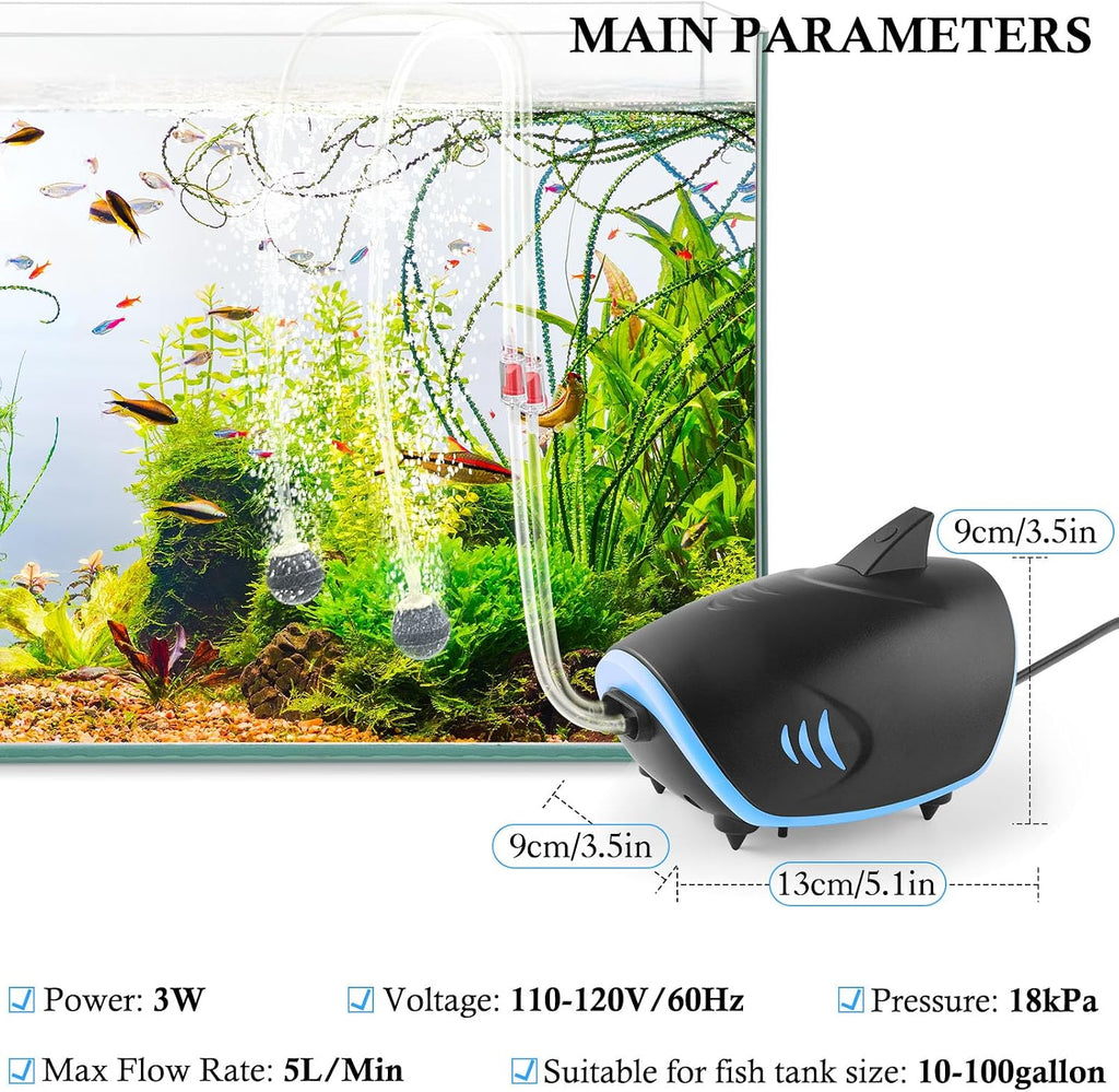 3W Quiet Aquarium Air Pump: 80GPH Adjustable Fish Tank Air Pump with Dual Output, Powerful Shark-Shaped Aquarium