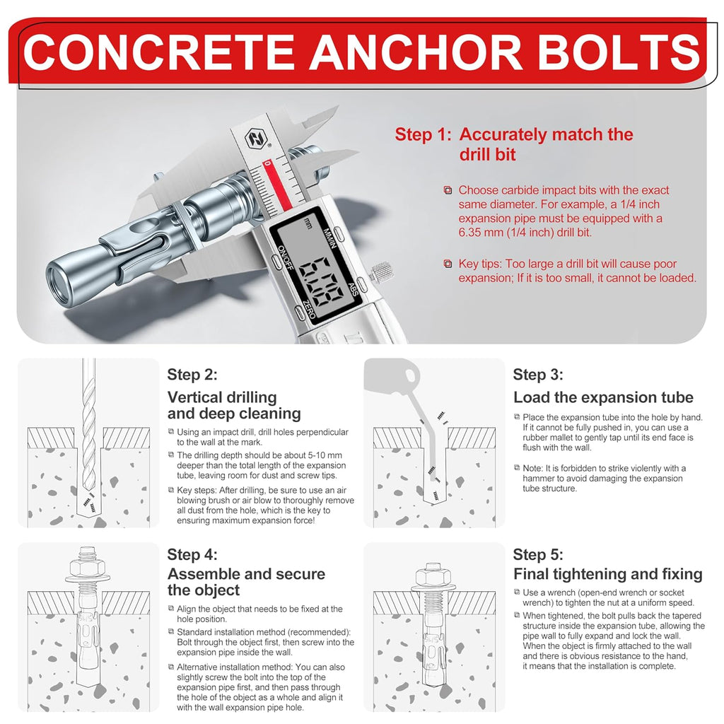5/16 x 2 in Wedge Anchors 12 pcs Galvanized Concrete Anchors | Concrete Screw and Anchor Kit, Concrete Wall Anchors