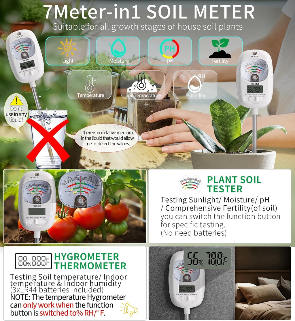 Soil Test Kit, 7-in-One Soil Moisture Meter/Soil PH Meter/Fertility, Dual Screen Soil Tester w/Digital Soil Temp/Air