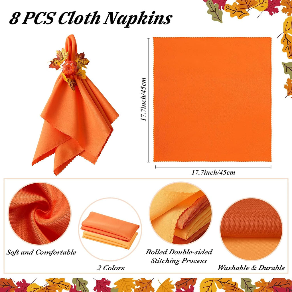 Fall Thanksgiving Decorations Set of 16, Fall Cloth Napkins & Napkin Rings | 8 Pcs Fall Thanksgiving Napkins Cloth &