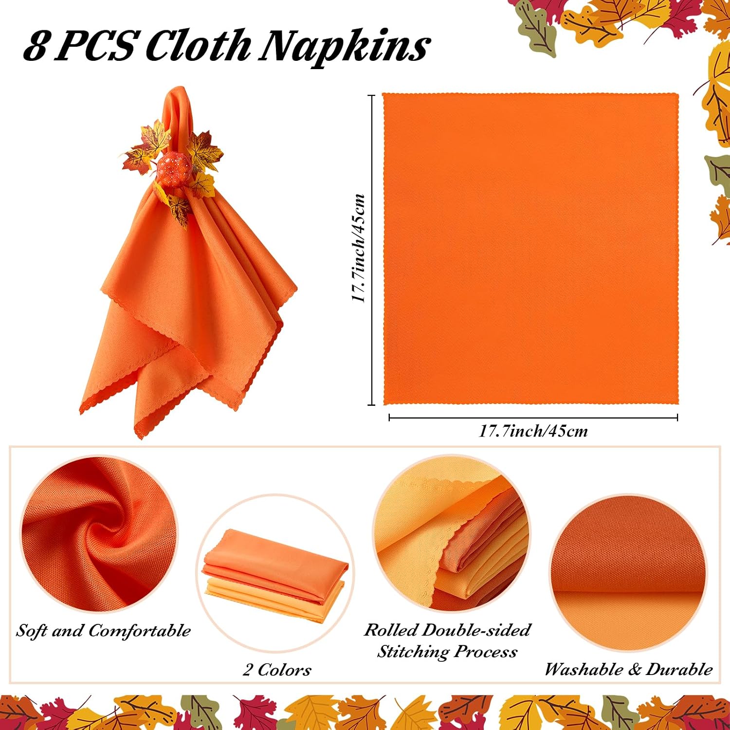 Fall Thanksgiving Decorations Set of 16, Fall Cloth Napkins & Napkin Rings | 8 Pcs Fall Thanksgiving Napkins Cloth &