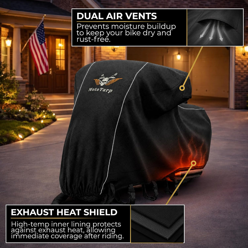 600D Heavy-Duty Waterproof Motorcycle Cover for Outdoor Storage - All-Season Weather Protection with Air Vents