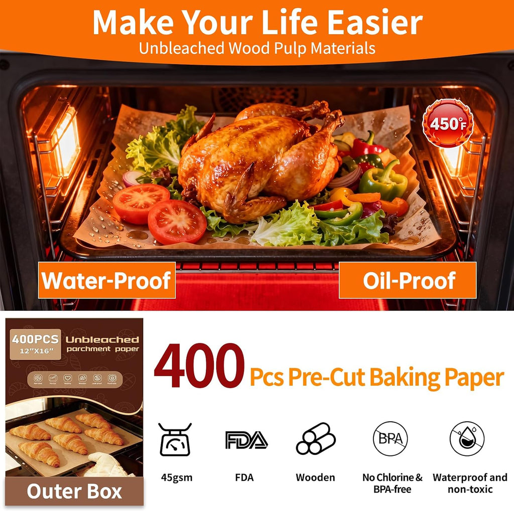 400PCS Parchment Paper Baking Sheets, 12"x16" Unbleached Precut Half Parchment Paper for Baking, Non-Stick Baking