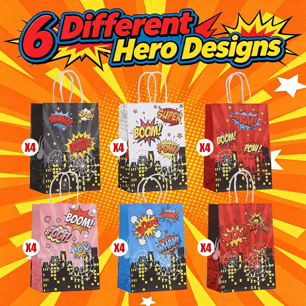 24Pcs Spider Party Paper Gift Bags, 6 Comic Designs with Handles