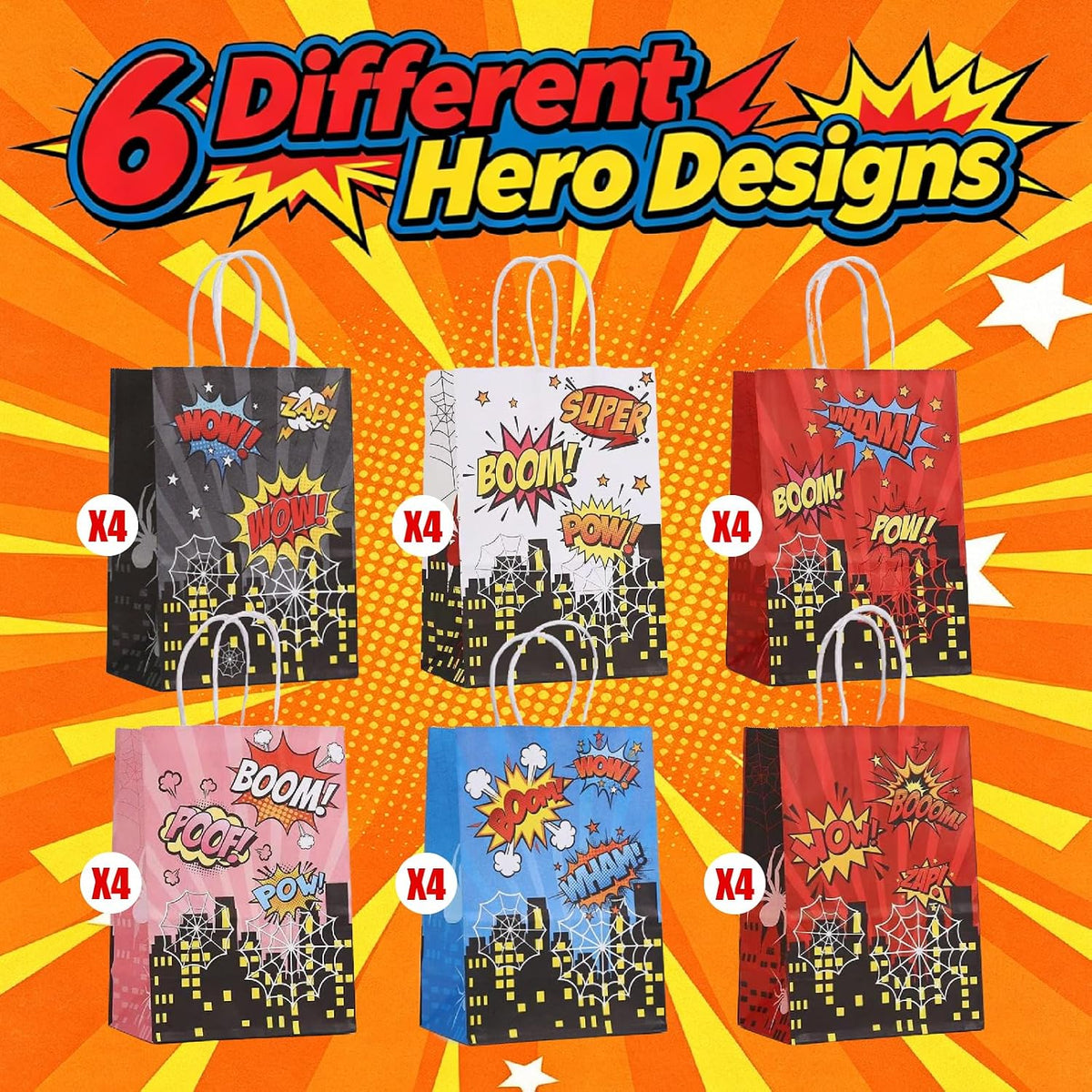 24Pcs Spider Party Paper Gift Bags, 6 Comic Designs with Handles