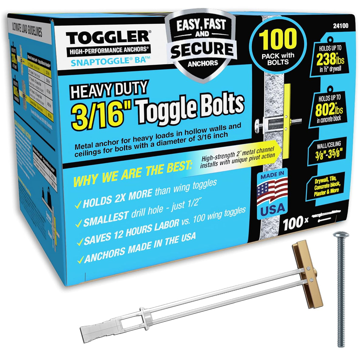 SNAPTOGGLE Toggle Bolt 3/16-24 UNC, 100 Pack, Round Head