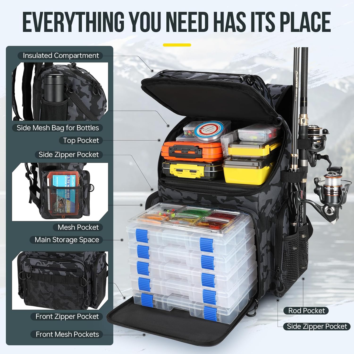 Cooler Fishing Backpack with Rod Holders 45L Large Water-resistant Fishing Tackle bag Store Fishing Gear Fishing