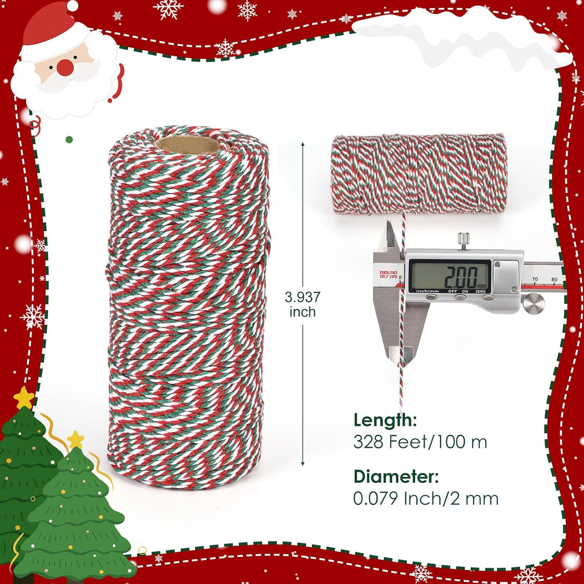 Red Green White Twine String, 2mm 328 Feet, Cotton Butchers Twine