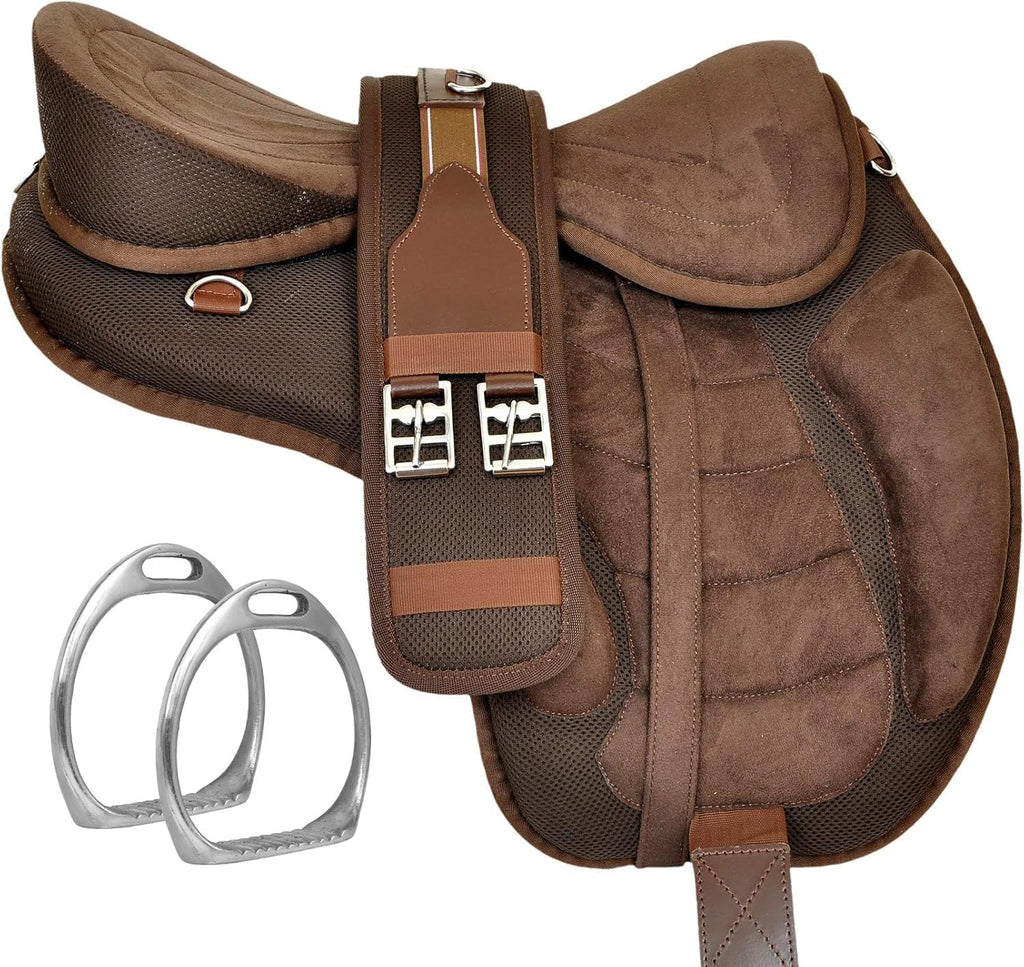 Treeless Freemax English Horse Saddle for Pony & Adult Riders, Lightweight Synthetic All-Purpose Saddle with Girth &