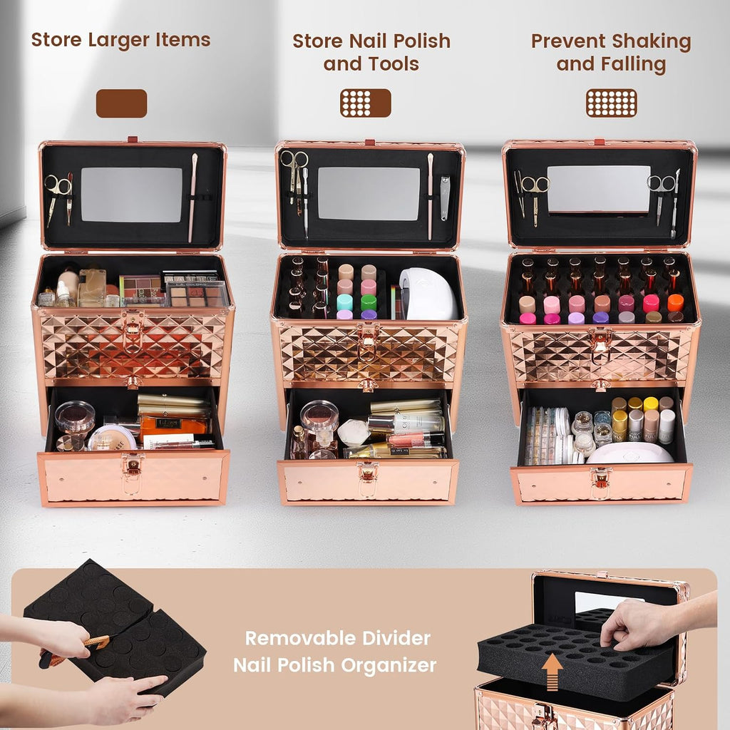 Makeup Train Case Professional Makeup Organizer Case with Drawer Mirror Extra Large Makeup Manicure Accessory with