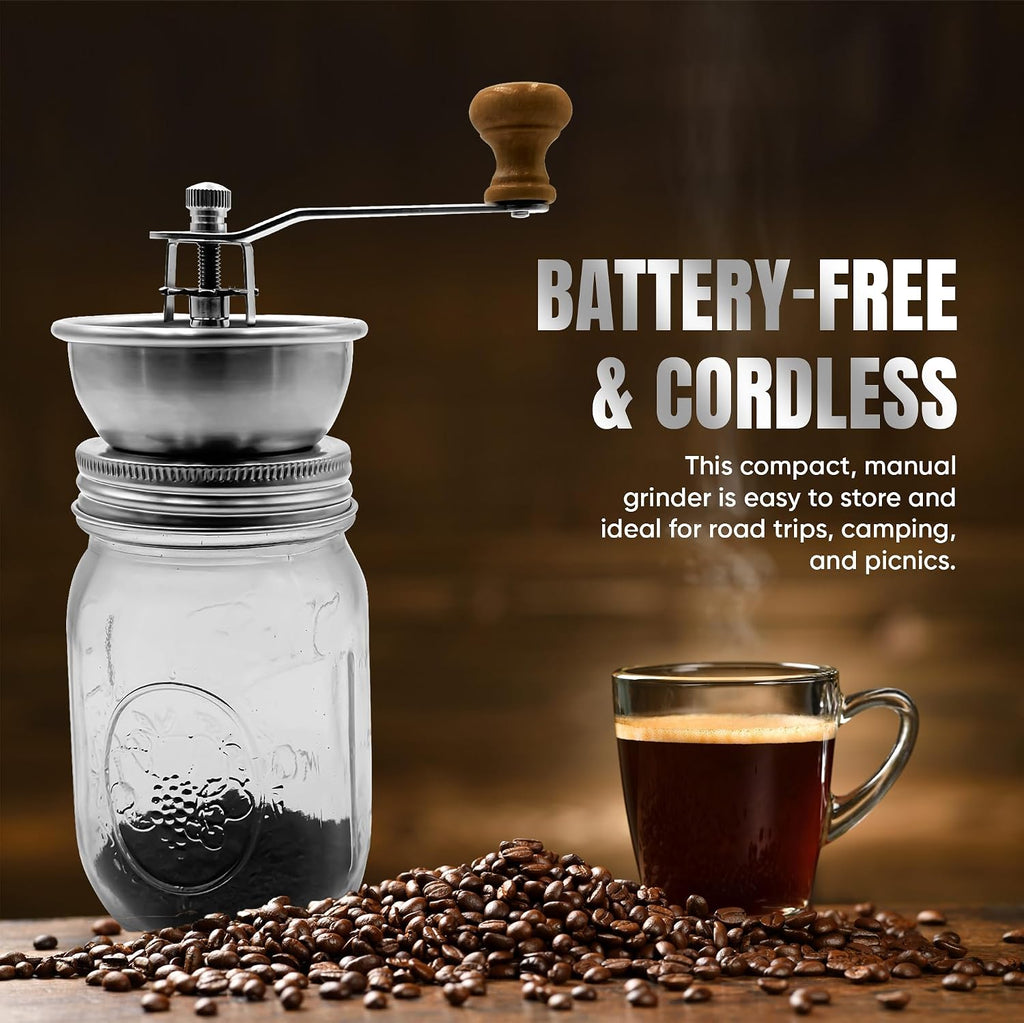 Stainless Steel Coffee Grinder Lid Attachment for Regular Mouth Mason Jars - Manual Crank Burr Grinder for Fresh