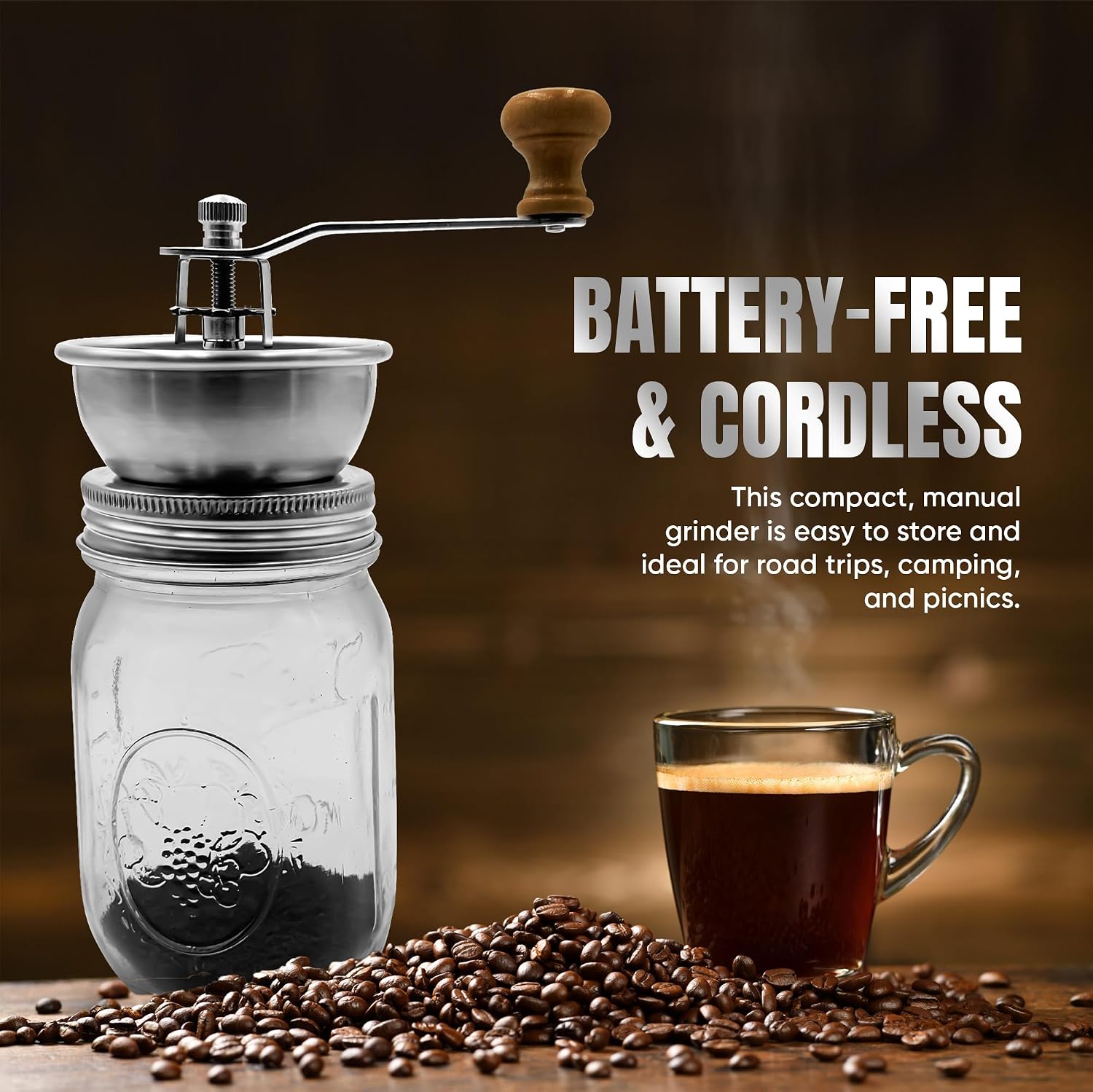 Stainless Steel Coffee Grinder Lid Attachment for Regular Mouth Mason Jars - Manual Crank Burr Grinder for Fresh