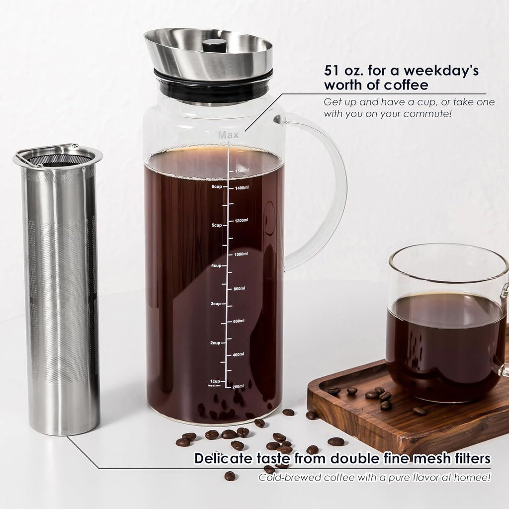 51oz Cold Brew Coffee Maker, Borosilicate Glass Pitcher for Iced Tea | Dishwasher Safe, Family Size, Up to 2 Weeks