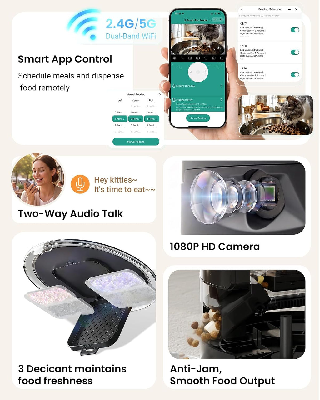 Automatic Cat Feeder with Camera for 3 Cats, 310° Monitoring, 2G/5G WiFi