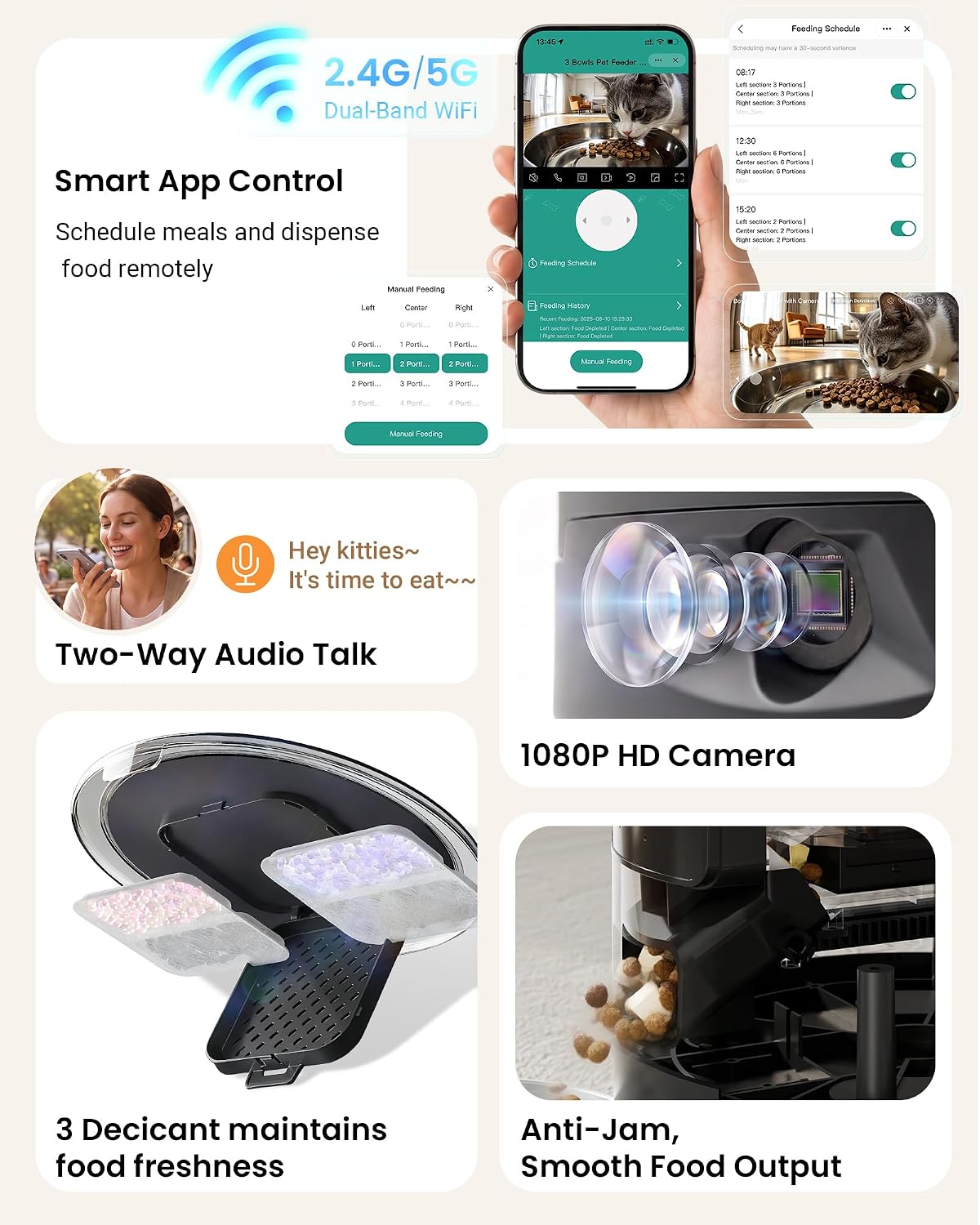 Automatic Cat Feeder with Camera for 3 Cats, 310° Monitoring, 2G/5G WiFi
