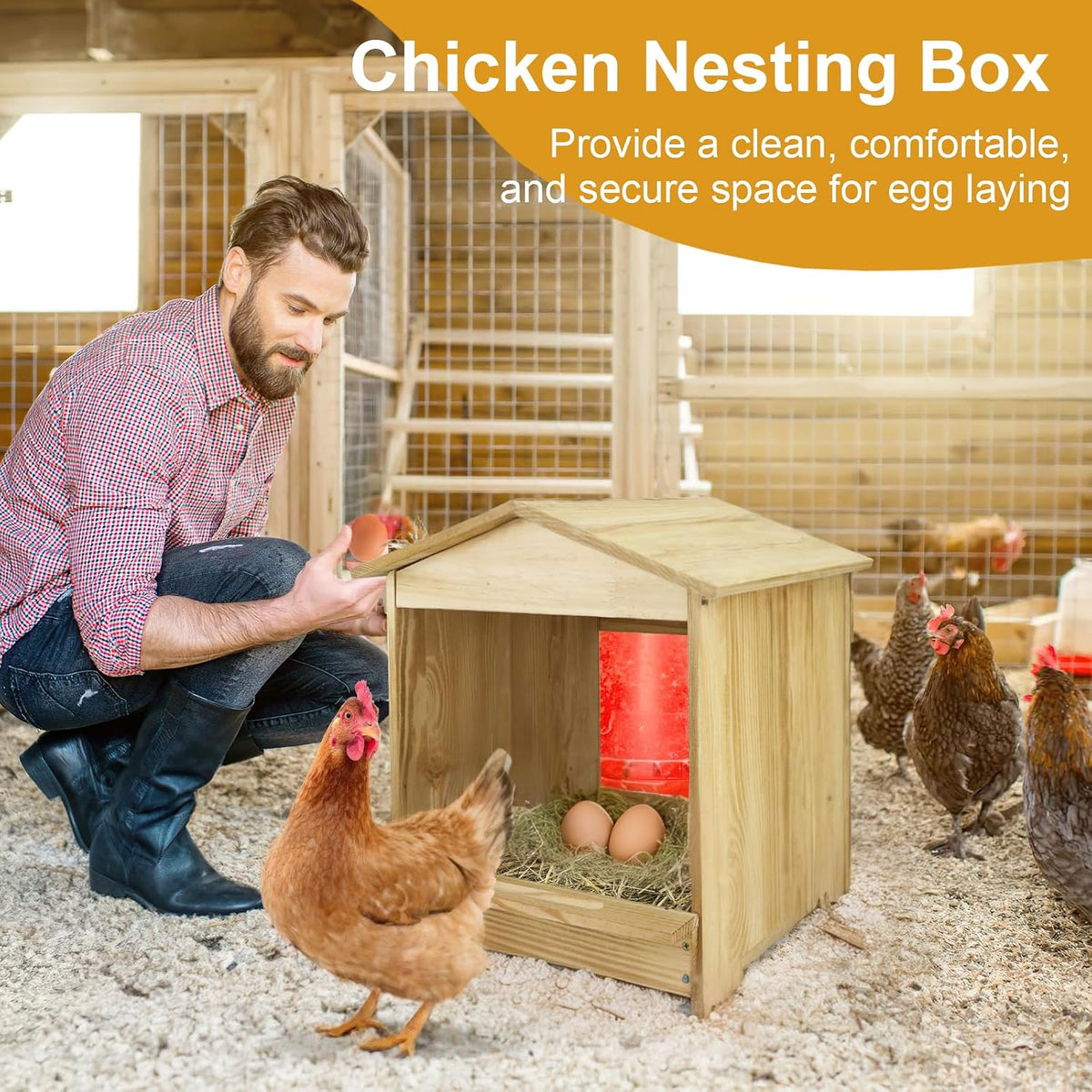 Chicken Nesting Box 3 Compartments - Wall Mount Wooden Egg Laying Nest Box for Chicken Coop, Easy to Assemble &