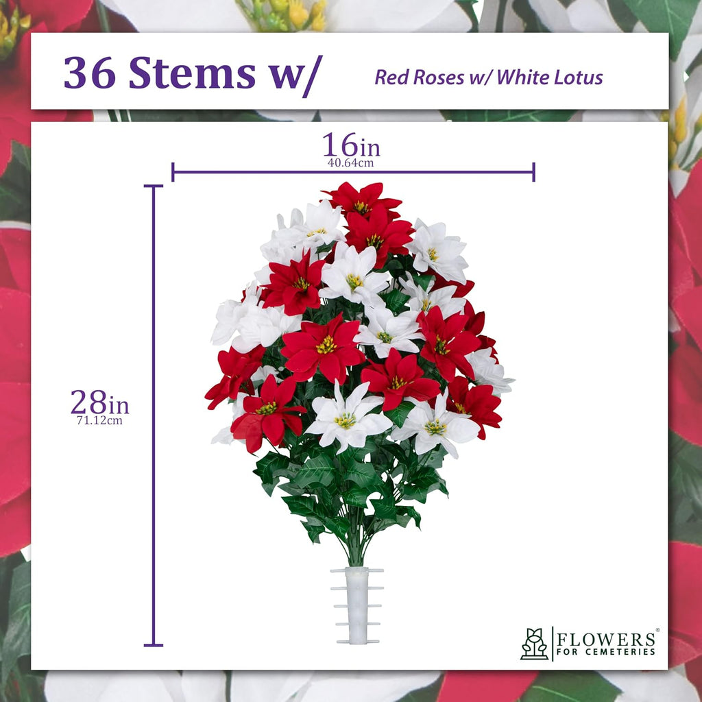 Artificial Cemetery Flowers - Gravesite Flowers - Red Roses and White Lotus - (1) Bouquet