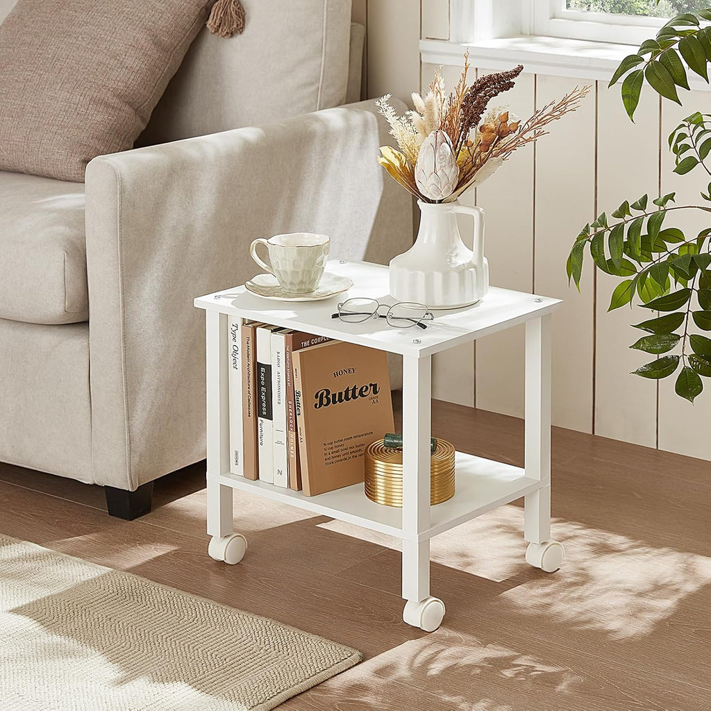 2 Tier Under Desk Printer Stand with Storage, White | Wooden Small Printer Table for Home Office, Rolling Printer