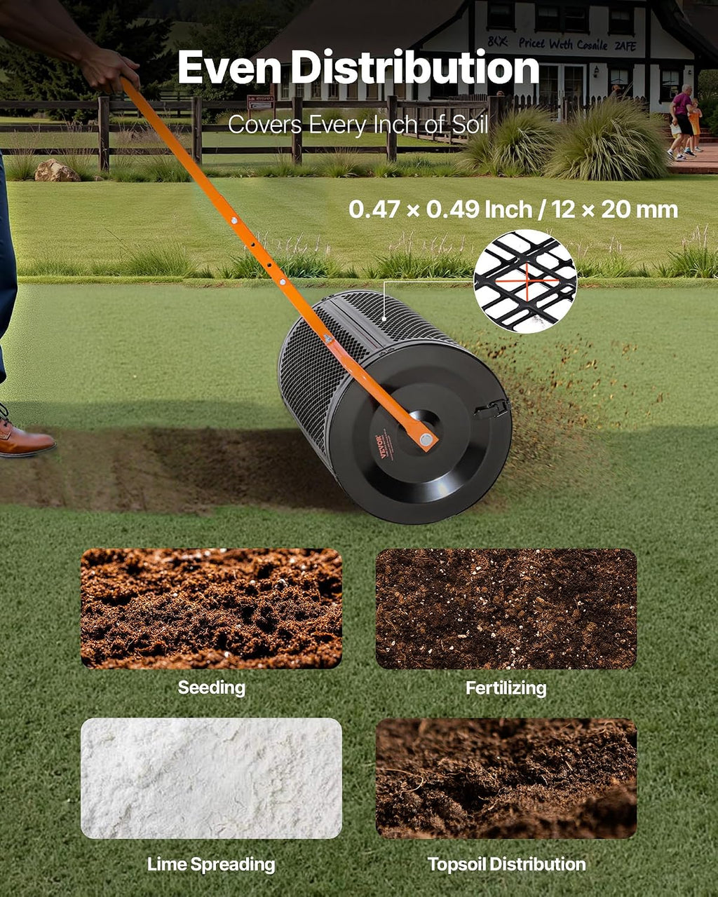 Compost Spreader, 24 in Wide Peat Moss Spreader with T Shaped Handle, 3 Heights Adjustable, Powder-Coated Steel