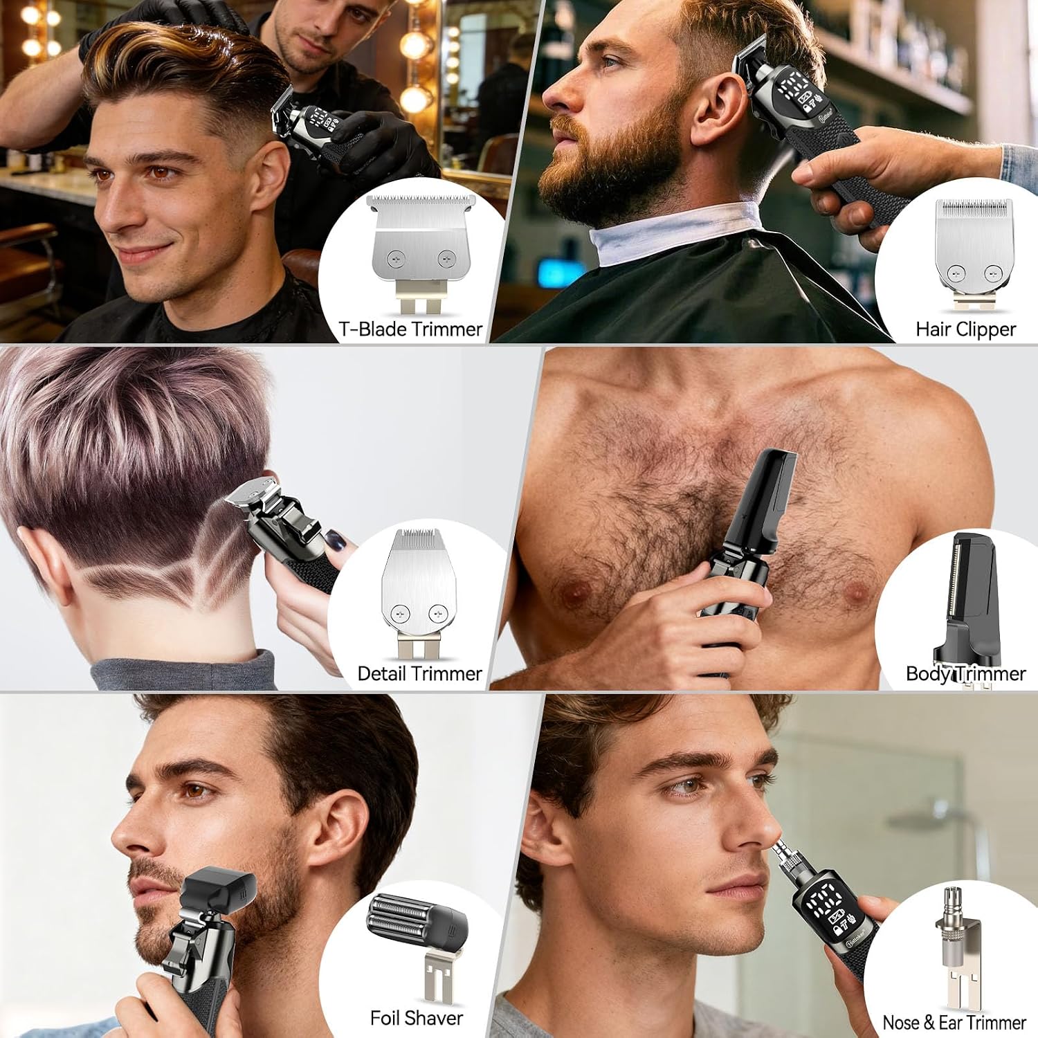 6-in-1 Men’s Grooming Kit, IPX6 Waterproof Electric Beard Trimmer, Cordless Hair Clipper for Beard, Nose, Ear & Body