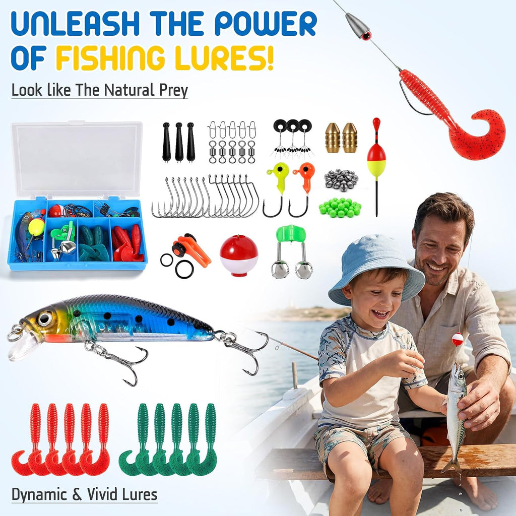 Kids Fishing Pole, Telescopic Fishing Rod and Reel Combo, Fishing Gear Kit with Backpack, Tackle Box, Spincast Reel