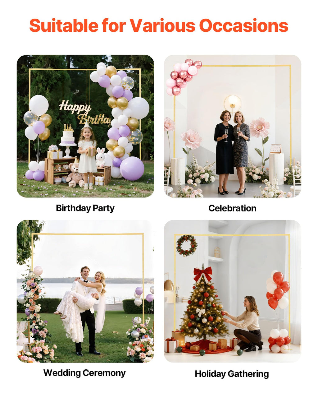 Arch Backdrop Stand, 8 x 8 ft, Stable Structure, Easy Assembly, Square Gold Metal Arch Backdrop Stand for Wedding
