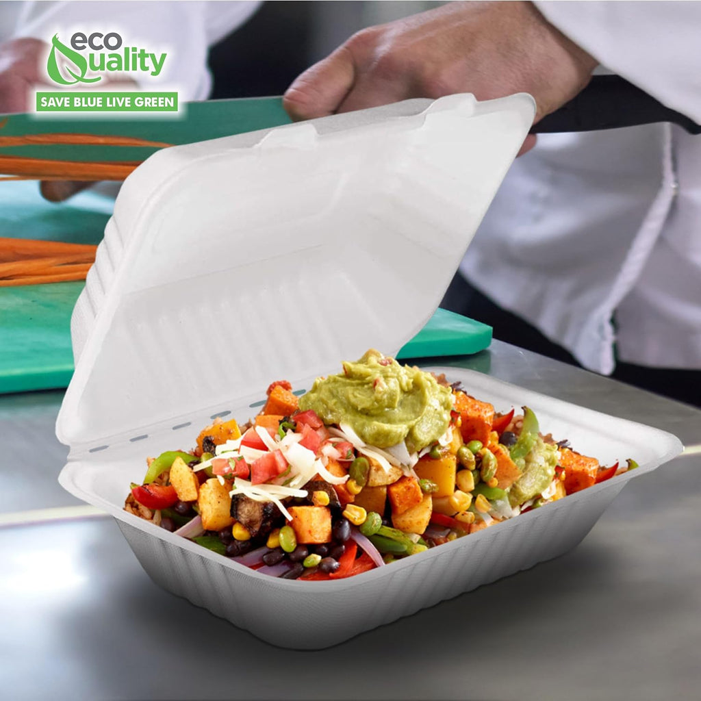 [10 PACK] EcoQuality White 6 x 9 x 3 in. Compostable Clam Shell Hinged Take Out Food Container - Sugarcane Bagasse