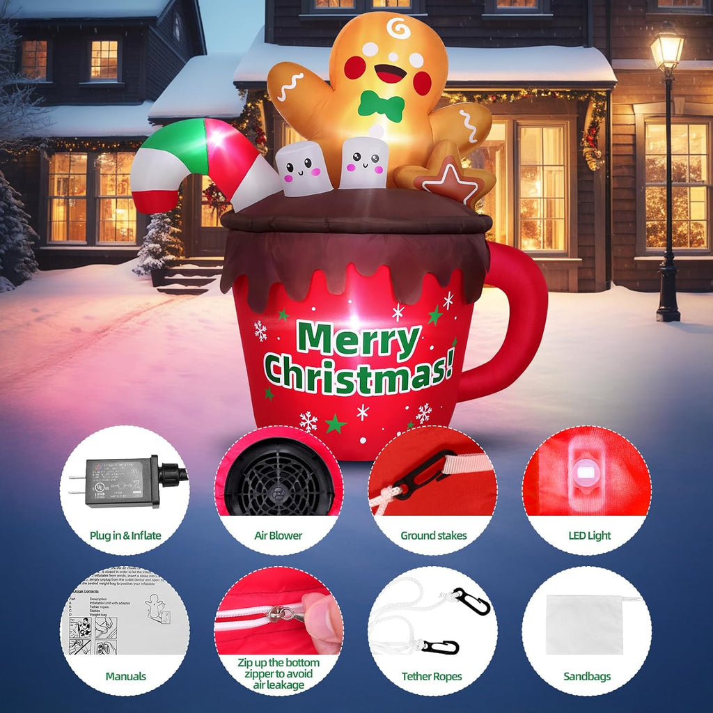 6FT Christmas Inflatables Outdoor Decorations, Gingerbread Christmas Inflatable Hot Cocoa Mug with Built-in LEDs Blow