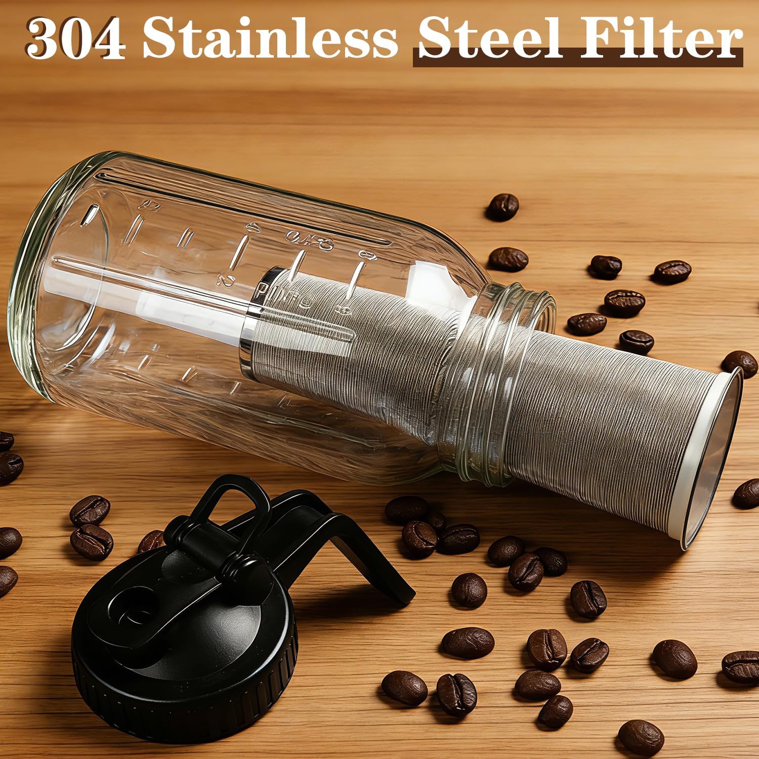 Cold Brew Coffee Maker, 64oz Cold Brew Pitcher with Stainless Steel Filter & Coffee Mat, Glass Cold Brew Mason Jar
