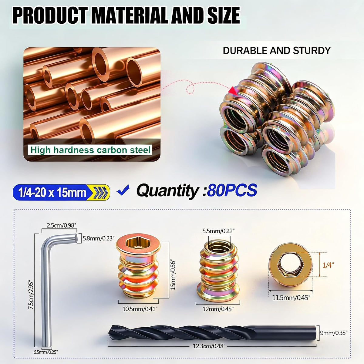 Twidec/80PCS 1/4"-20 Threaded Inserts for Wood Furniture Screw-in Nut Wood Inserts Bolt Assortment Kit with M6 Hex Wrench (1/4"-20 x15mm) N-059