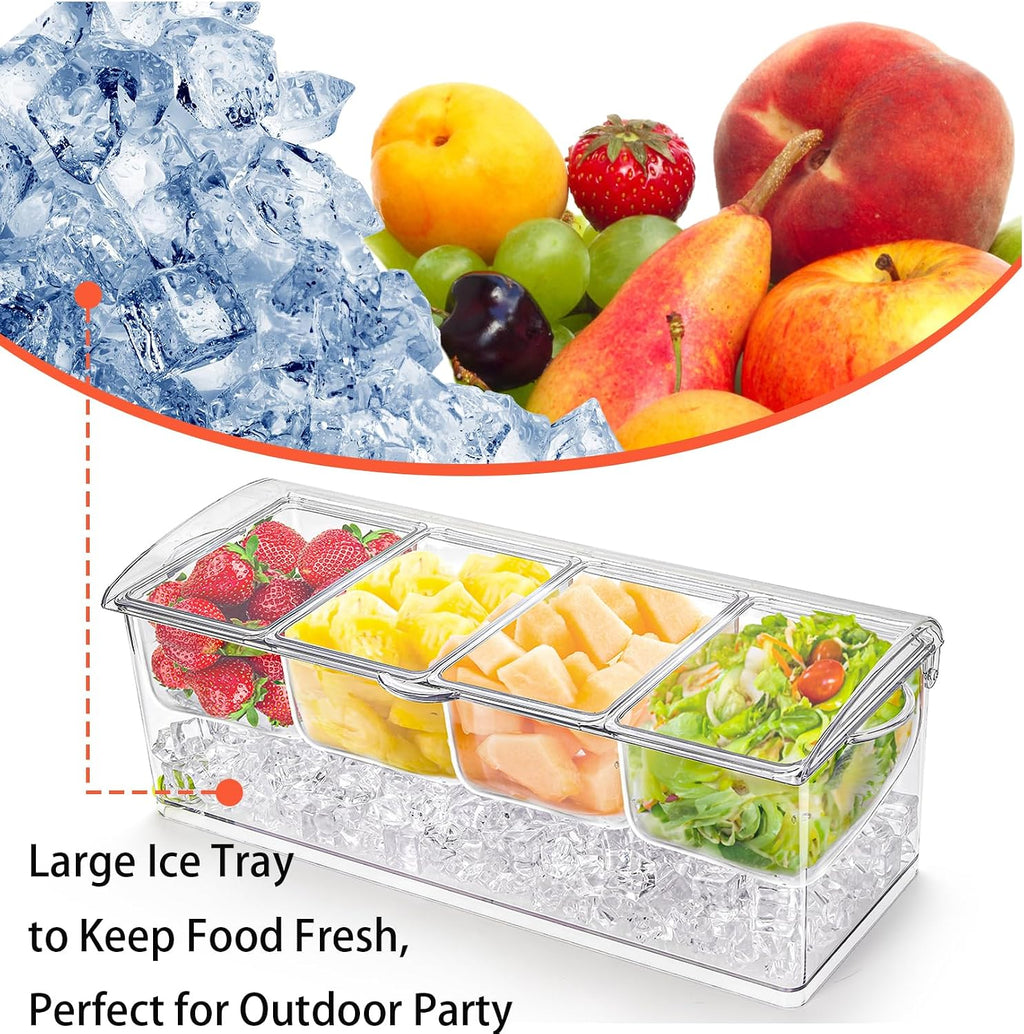 Large Ice Chilled Condiment Server with Lid, 4 Compartments Chilled Condiment Caddy, Bar Garnish Serving Platter