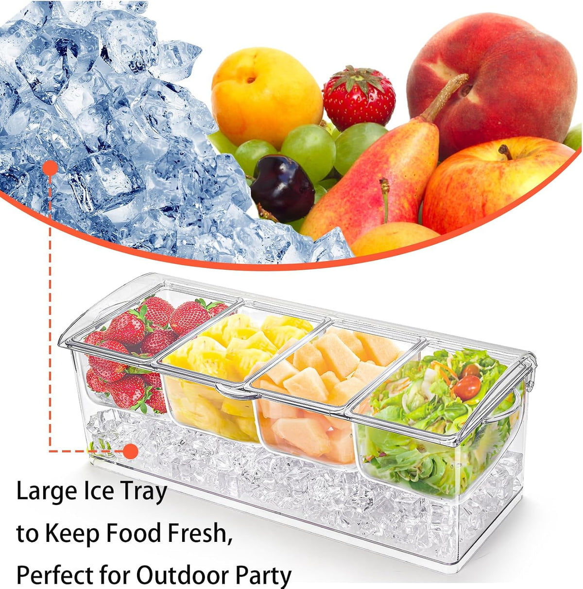 Large Ice Chilled Condiment Server with Lid, 4 Compartments Chilled Condiment Caddy, Bar Garnish Serving Platter