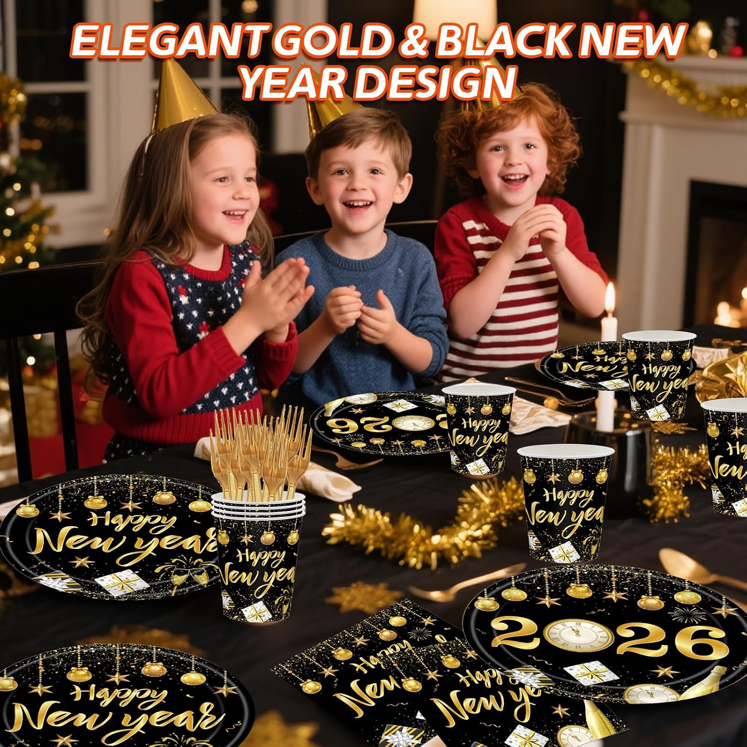 New Years Party Supplies Set,Packs with Plates, Cups, Napkins & Forks, Disposable for 24 Guests,Plates and Napkins